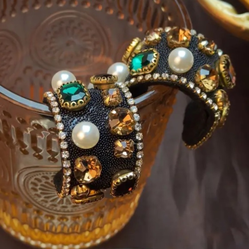 Black Gold Cuff Pearls and Emerald Crystals Luxurious Statement - Picture 3 of 7